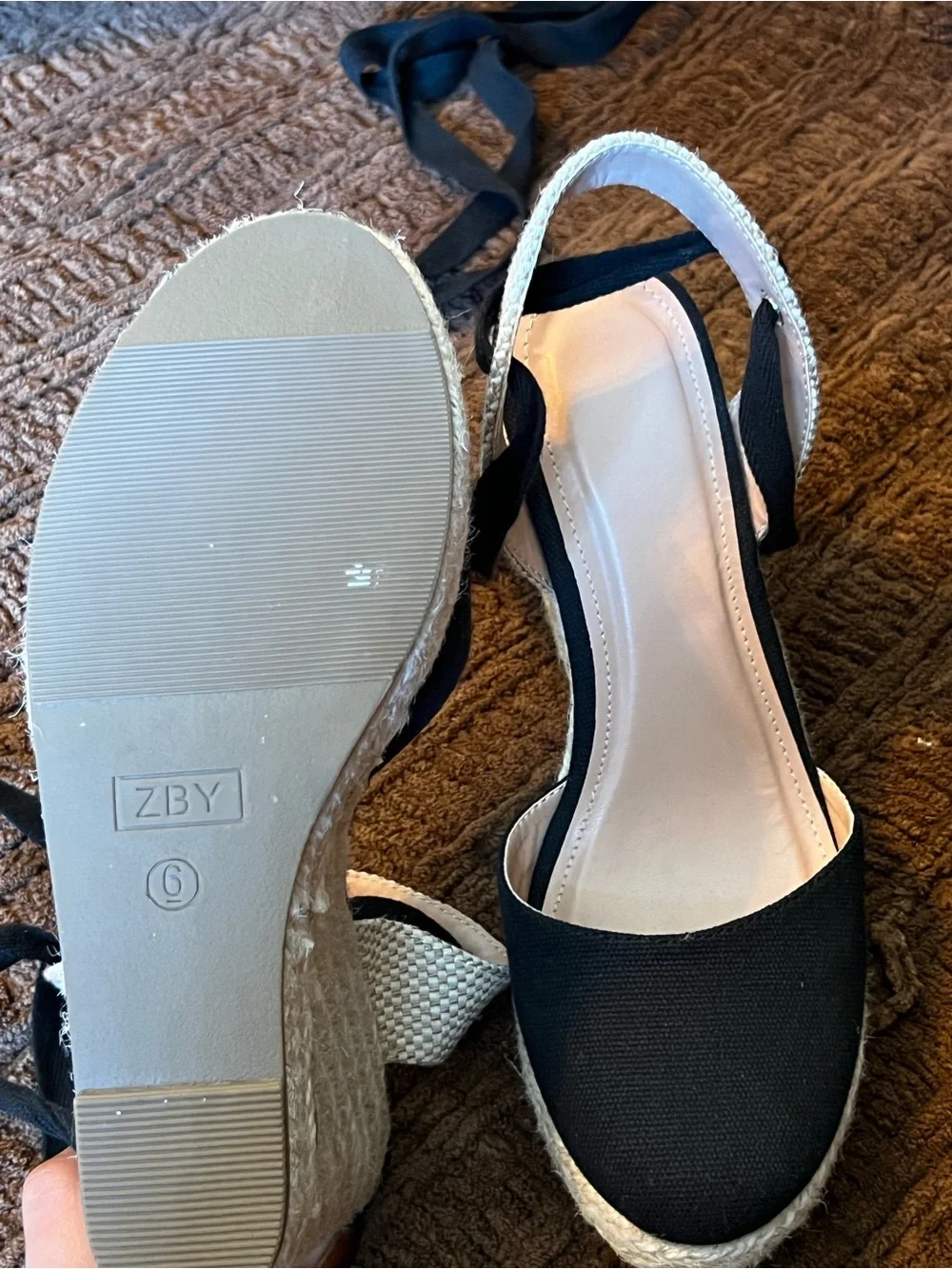 ZBY Black Espadrille Wedge Sandals with Ankle Tie - Women